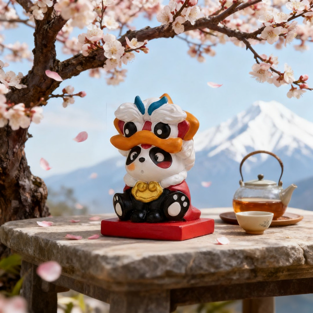 可爱国风熊猫醒狮桌面摆件手办