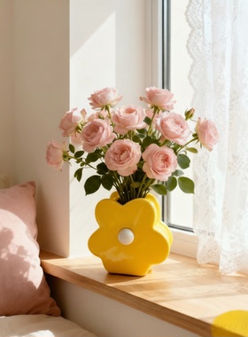 黄色花朵造型装饰花盆陶瓷手工制作室内摆件家居装饰品