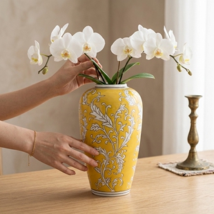 新中式 饰 陶瓷花瓶黄色刺绣客厅玄关摆件水培鲜花插花装