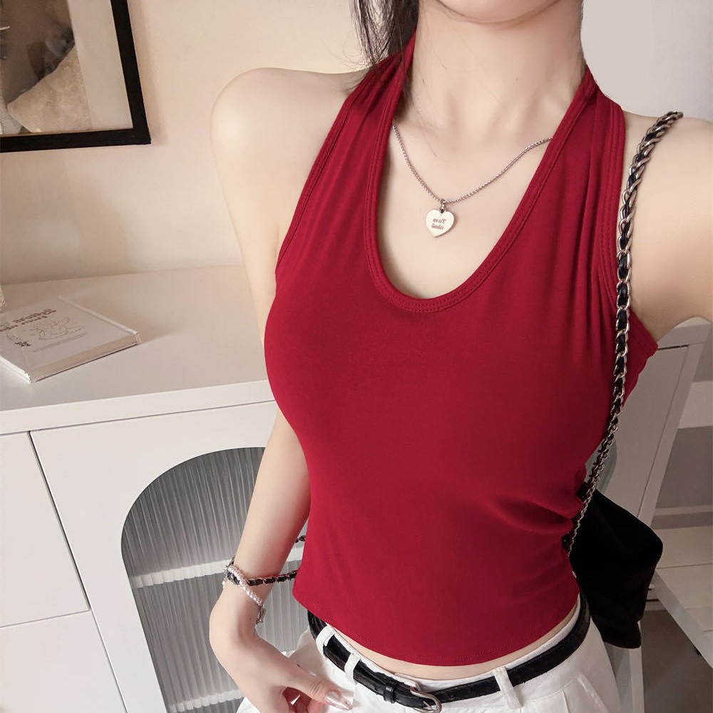 2031#挂脖漏背带罩杯吊带背心女夏季修身显瘦外穿美背打底上衣服