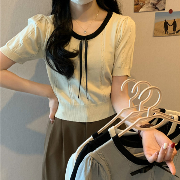 韩系chic别致绝美小香风上衣蝴蝶结针织衫显瘦修身短袖t恤女夏季