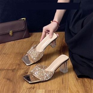 一字拖高跟凉拖鞋 配裙子粗跟透明水晶鞋 外穿法式 春夏季 2026年女款