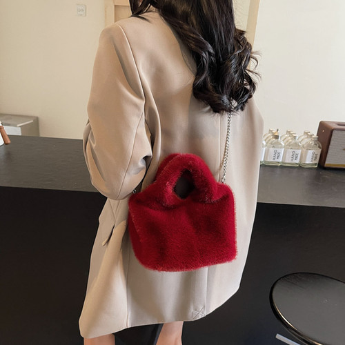 可爱纯色少女毛绒手提包包女士