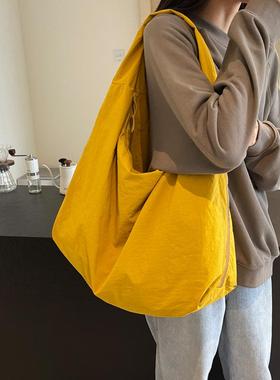 黄色帆布包女大容量单肩购物袋慵懒风拉链2025新款上班通勤托特包