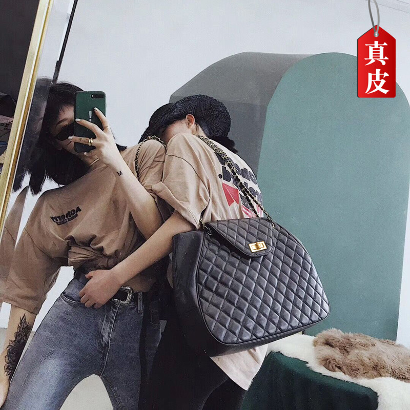 ins网红抖音微爷同款小香风中古包菱格链条女包单肩斜挎真皮大包