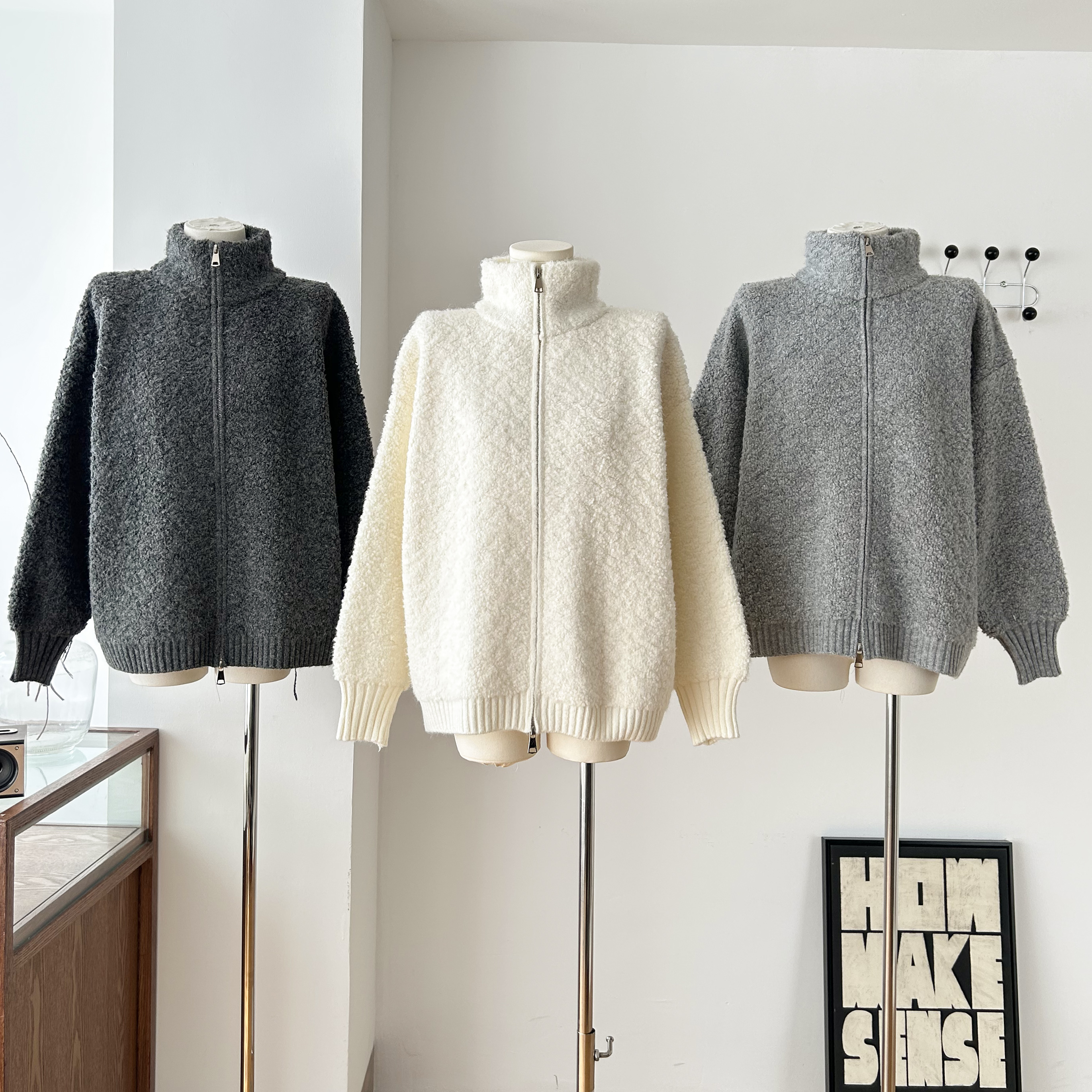 双拉链毛衣立领开衫女韩系简约