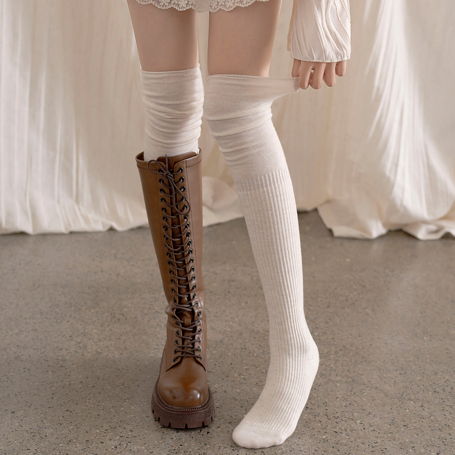 羊毛过膝长筒袜女堆堆袜配靴子冬