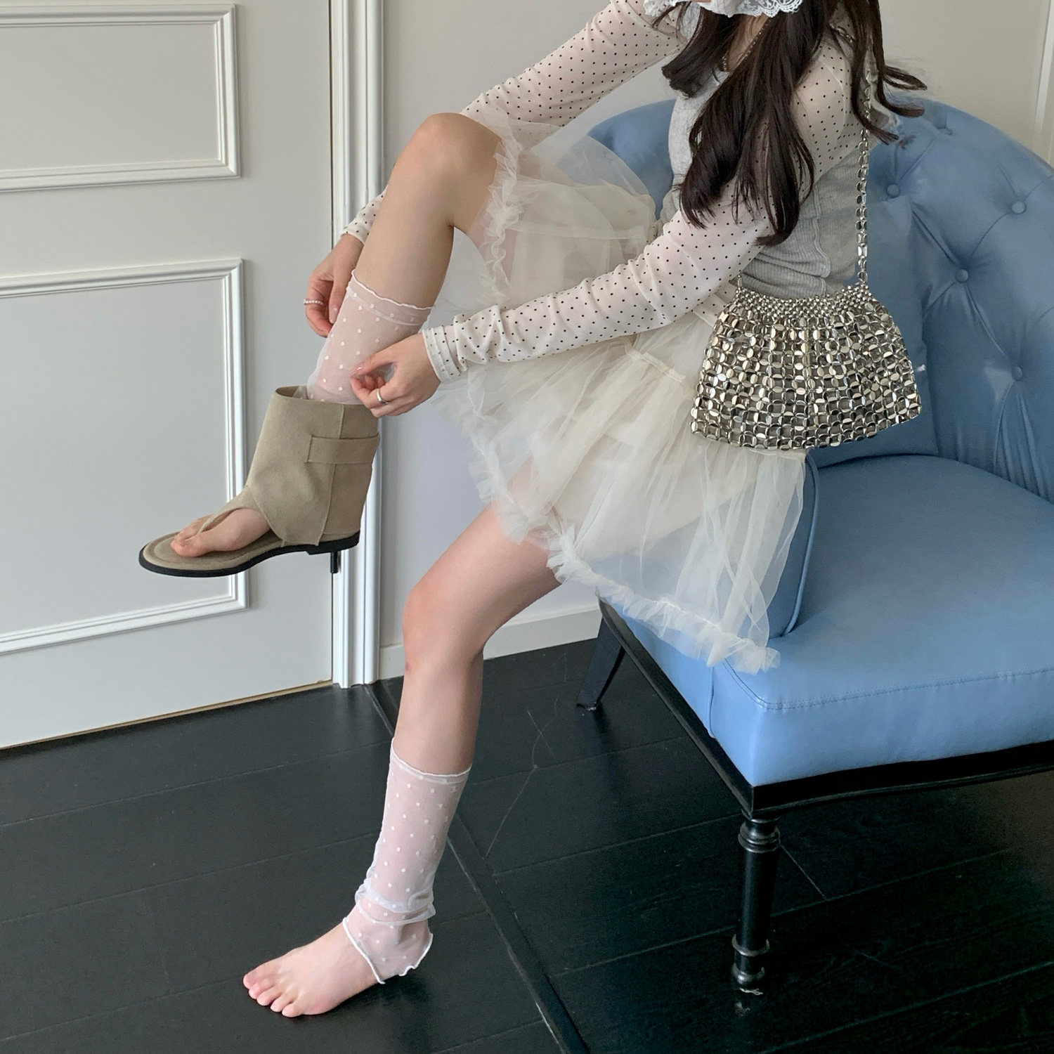 蕾丝波点踩脚袜套露趾堆堆袜子女夏季超薄镂空透气甜美花边小腿套