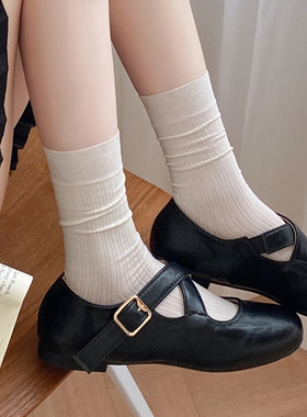 莫代尔袜子女2025新款爆款竖条纹中筒袜春夏季薄款透气白色堆堆袜