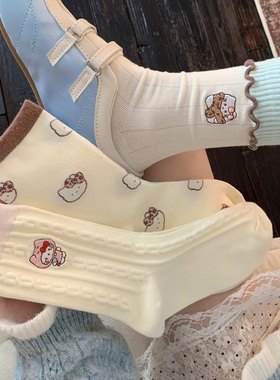 白色kt猫咪袜子女中筒袜春秋纯棉少女花边长袜日系可爱卡通堆堆袜