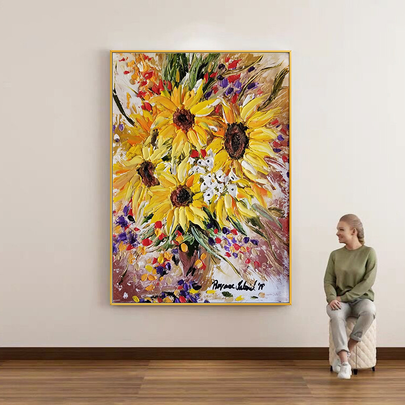 深圳大芬村油画向日葵肌理画入户玄关装饰画简约餐厅立体壁画图片