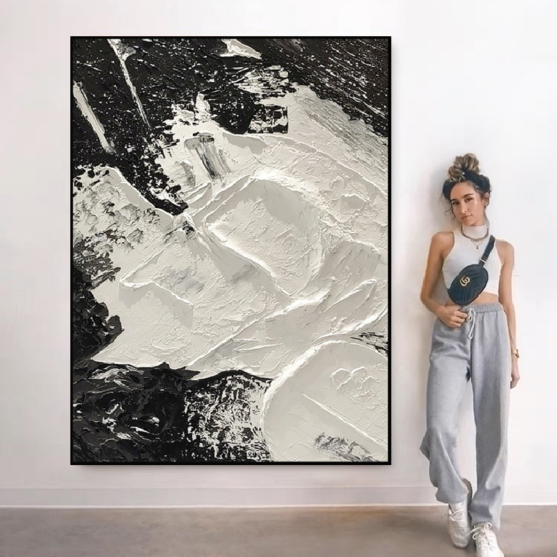 黑白立体手绘油画现代简约客厅装饰画厚肌理玄关装饰画餐厅挂画图片