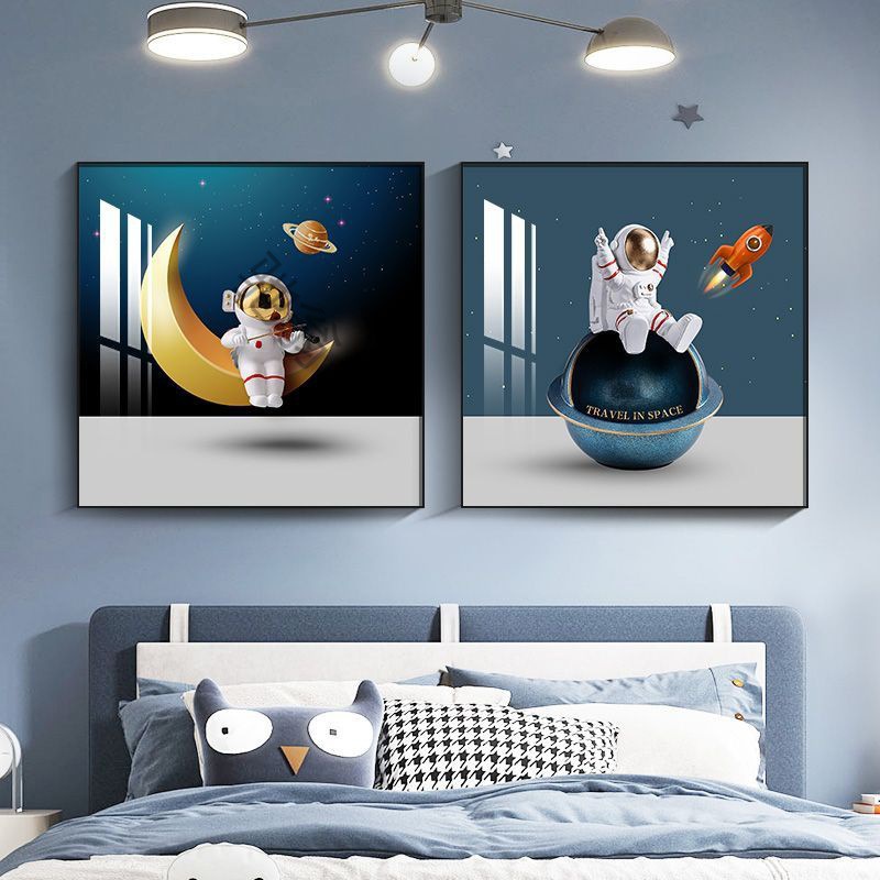 现代卧室床头装饰画宇航员网红太空卡通儿童房挂画男孩卧室创意画图片