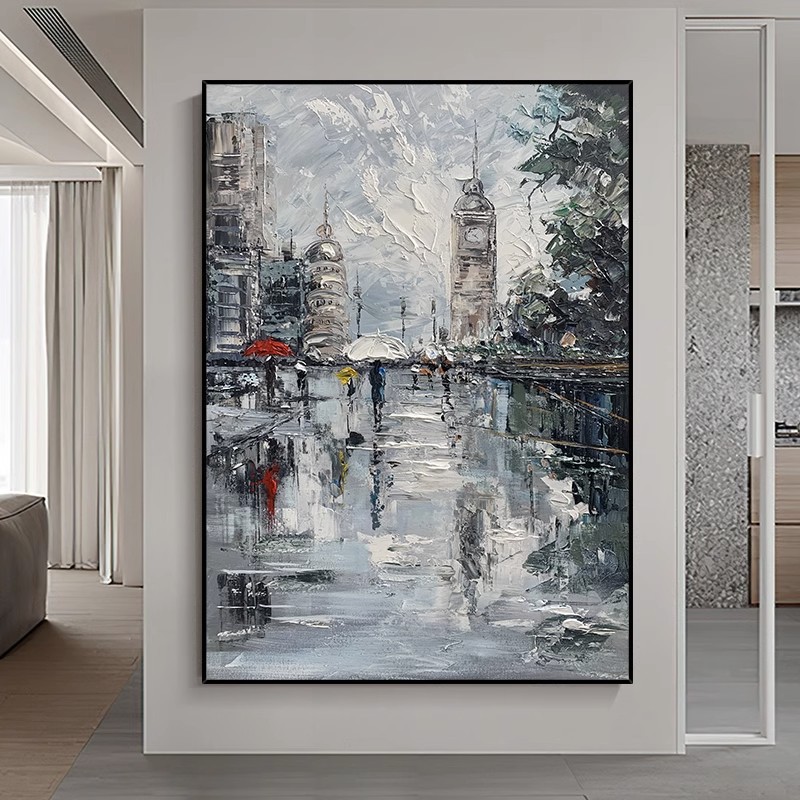 手绘油画巴黎街雨立体肌理油画黑白侘寂风法式艺术抽象玄关装饰画图片