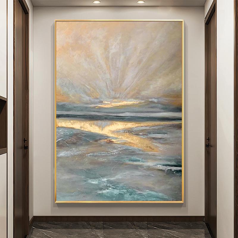 大芬村手绘油画金山富水玄关装饰画现代轻奢客厅背景墙大幅挂画图片