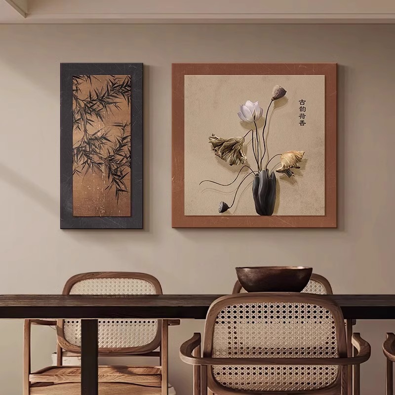 复古餐厅装饰画中古风饭厅背景墙挂画新中式荷花禅意茶室新款壁画图片