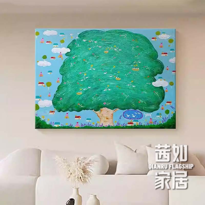 奶油风绿色大树装饰画彩色房屋玄关过道客厅沙发背景墙挂画清新感图片