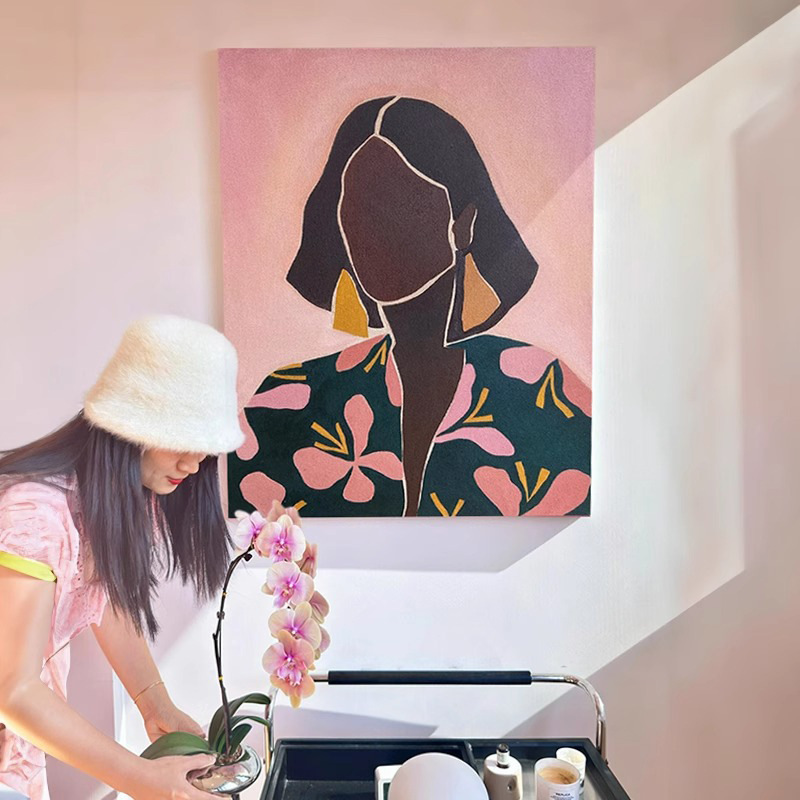 中古风小众艺术装饰画高级感现代简约女孩房间粉色人物床头壁挂画图片