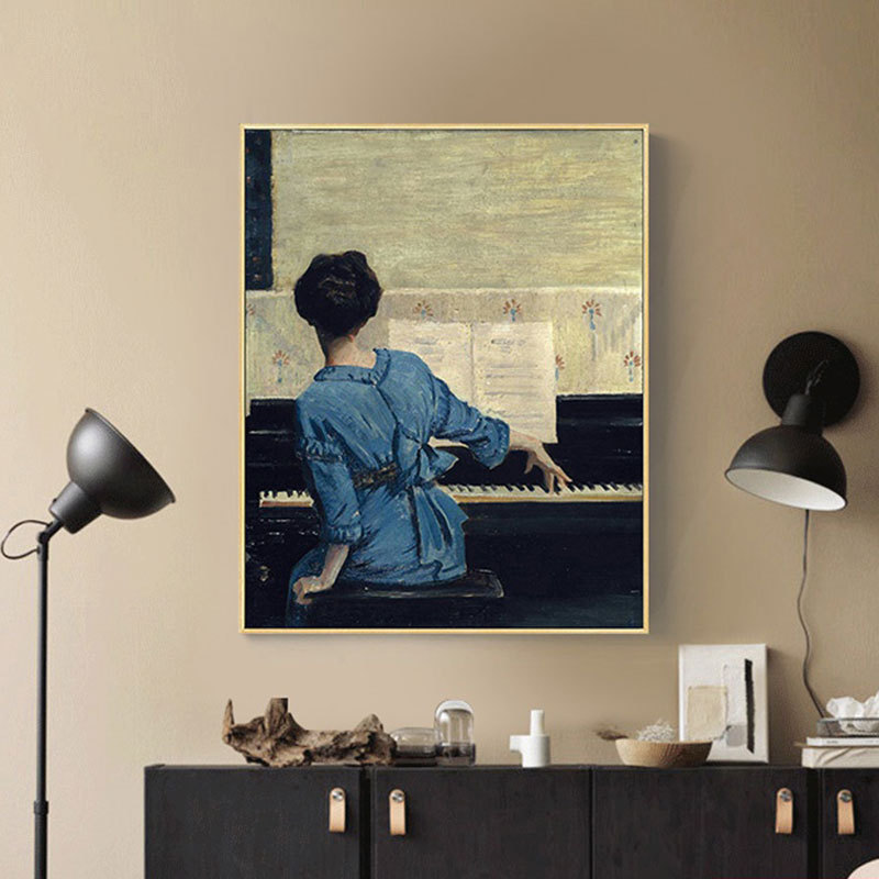 复古风音乐教室装饰画弹钢琴的女子挂画卧室床头壁挂画餐厅艺术画图片