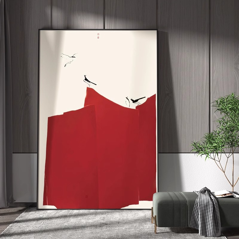 现代客厅玄关抽象简约新中式装饰画红墙喜鹊酒店背景墙壁竖版挂画图片