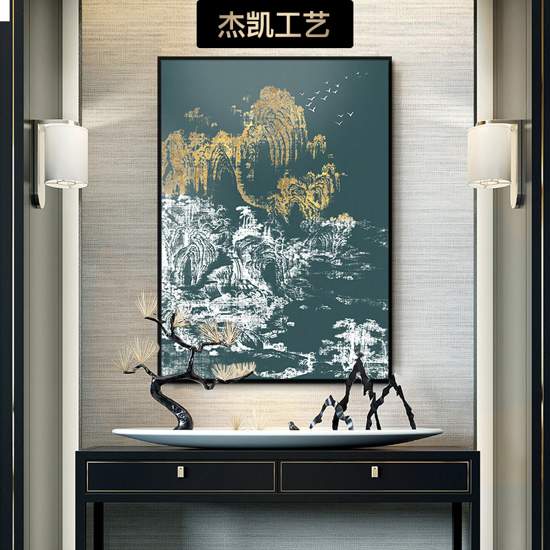 沙发背景墙客厅装饰画酒店别墅走廊过道竖版中国风建筑画新中式风图片