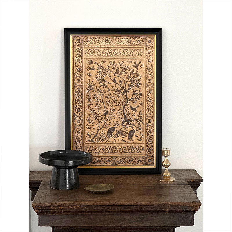 复古波斯古纹样做旧感金花鸟图新古典玄关装饰画客厅书房背景挂画图片