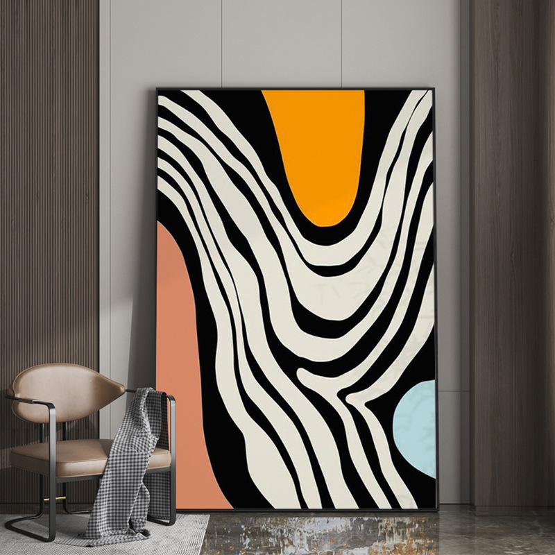 黑白条纹玄关走廊装饰画客厅沙发背景墙潮流挂画房间楼梯大幅壁画图片