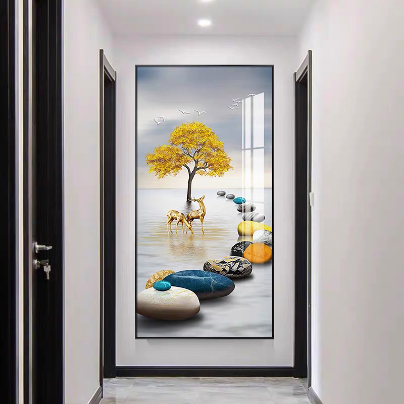 玄关入户客厅装饰走廊背景墙尽头墙壁画石来运转竖版过道晶瓷挂画图片