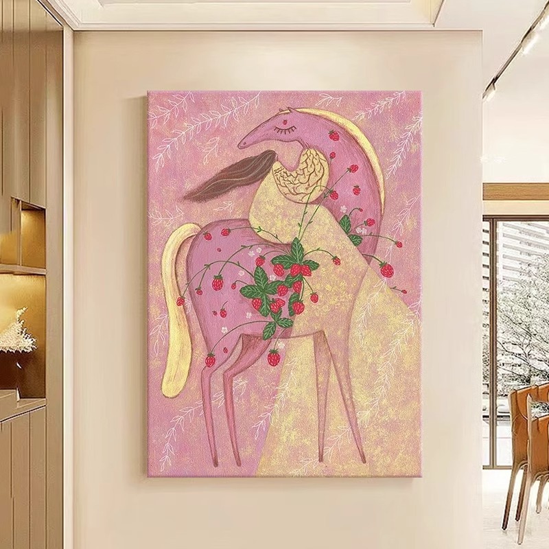 粉色女孩骑马卡通抽象奶油风客厅大幅落地装饰画沙发酒店玄关挂画图片
