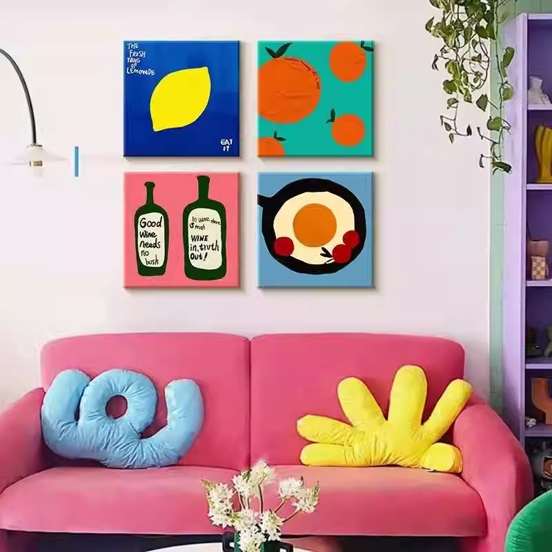 ins风客厅沙发背景墙装饰画卡通趣味水果食物餐厅玄关书房挂画图片