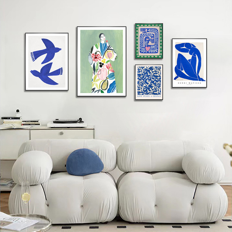 北欧ins风客厅装饰画儿童房卧室蓝色小鸟挂画玄关小清新抽象摆画图片