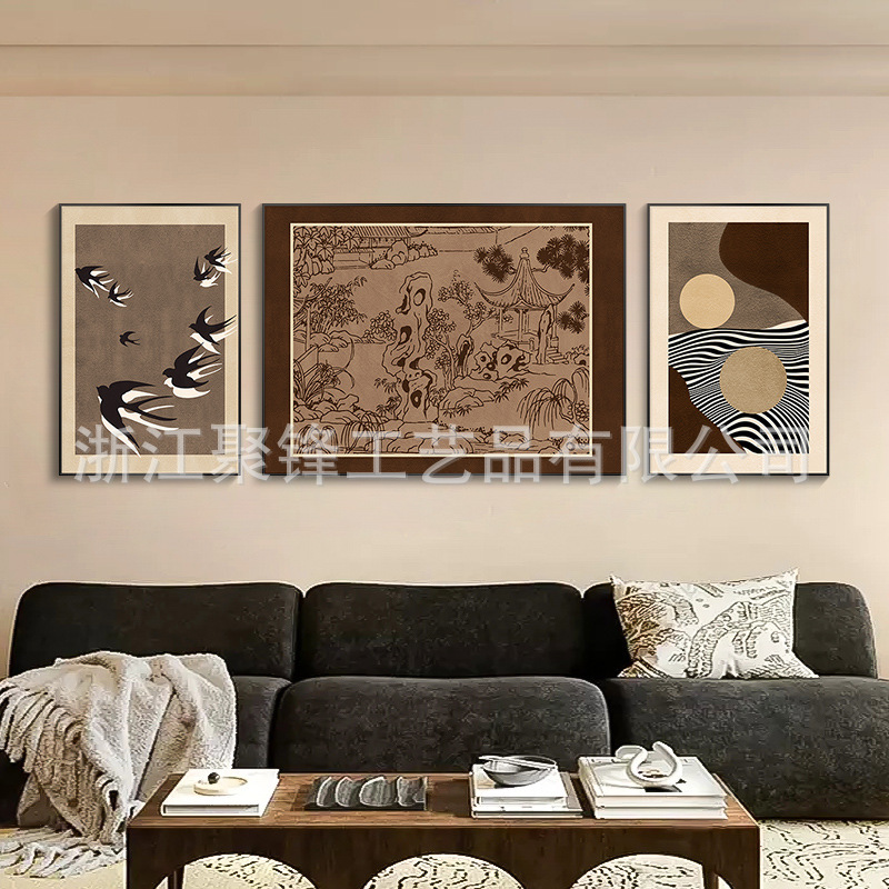 现代简约客厅装饰画中古风沙发背景墙挂画艺术玄关三联壁画油画图片