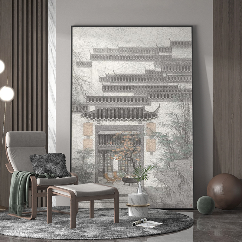 新中式徽派建筑中国风装饰画客厅玄关走廊背景墙壁古风美景挂画图片
