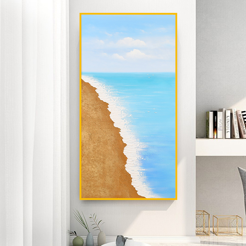手绘砂岩肌理立体油画海边浪花沙滩酒店挂画装饰画轻奢客厅玄关画图片