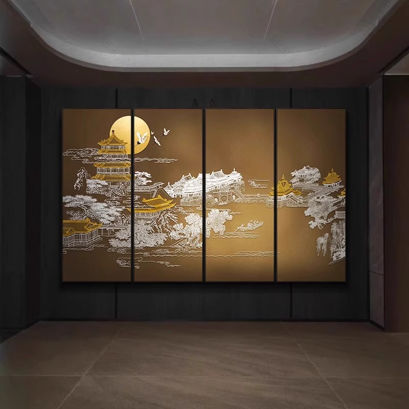 新中式酒店餐厅高档四联画客厅立体浮雕挂画招待室会所楼阁装饰画图片