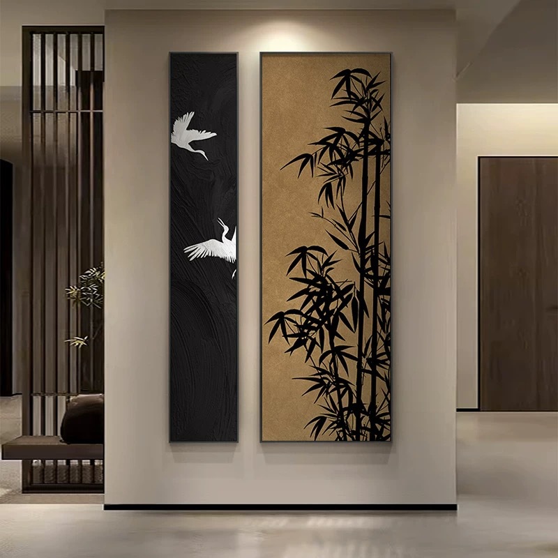 入户玄关装饰画新中式长条铝合金框挂画走廊过道竖版背景墙喷绘画图片