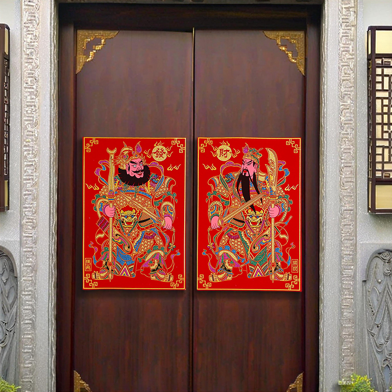 马年爆款关公张飞门神绒面烫金背胶磁吸大门贴春节别墅镇宅入户门