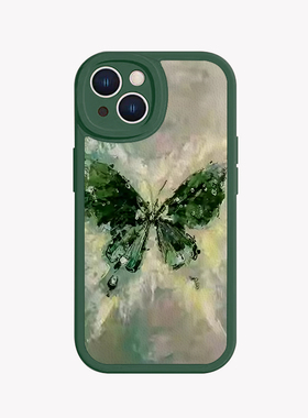油画绿色蝴蝶艺术小羊皮适用iPhone15_14promax手机壳OPPOreno9软文艺小米14新中式OPPOa58vivo红米note13pro