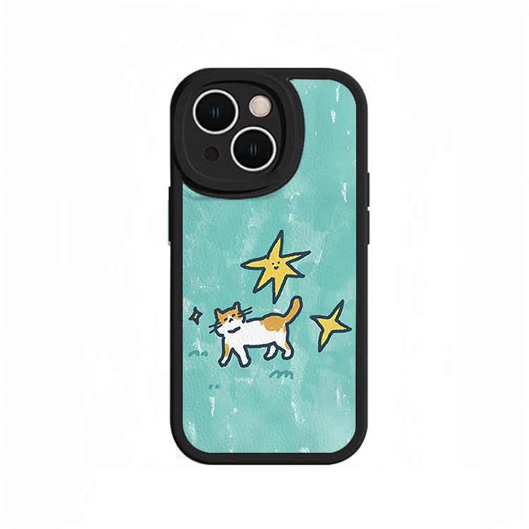蓝白星星猫咪适用iPhone16promax苹果15新款mate60华为p70nova小羊皮手机壳13opporeno12vivos100小米14
