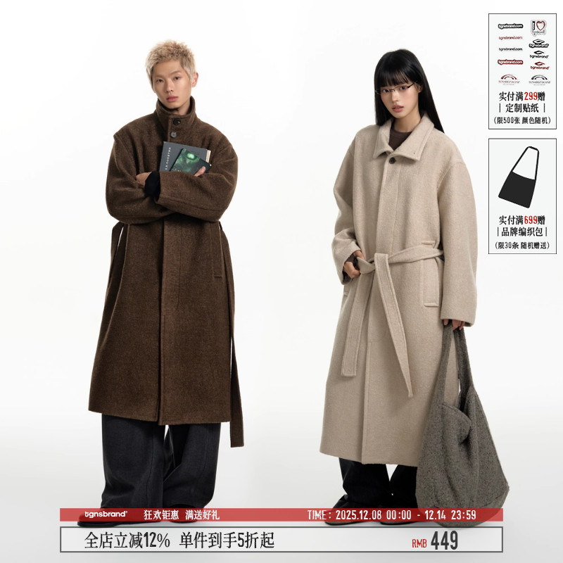TGNS米色长款呢子大衣毛呢外套
