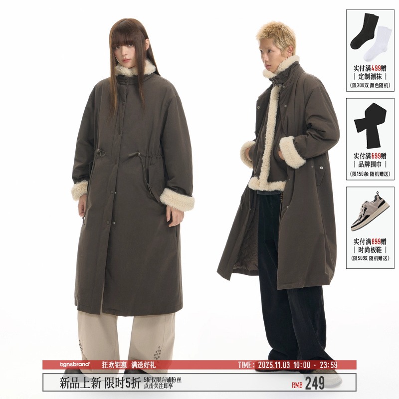 TGNS中长款立领工装派克服女款冬季保暖棉衣假两件仿羊羔毛外套男