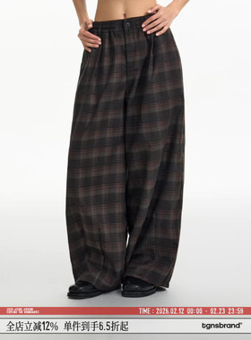 TGNS复古磨毛格子裤女生春季格纹休闲长裤男生垂感慵懒风阔腿裤子