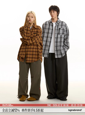 TGNS美式姜黄色磨毛格子衬衫男长袖复古格纹衬衣女休闲上衣外套