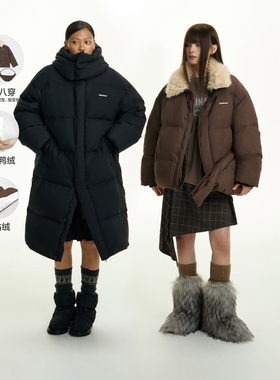 【可折叠】TGNS中长款大毛领羽绒服女冬季复古棕色保暖防风外套男
