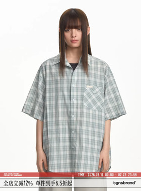TGNS浅绿色格子衬衫女生夏季格纹休闲衬衣男美式复古薄款短袖上衣