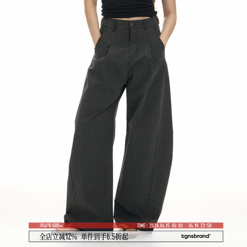 TGNS春季美式复古格纹弯刀裤