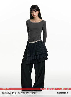 TGNS假两件修身t恤女生春季显瘦内搭长袖美式休闲设计感打底上衣