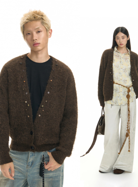 TGNS复古串珠仿羊驼毛毛衣开衫女秋冬新款设计感慵懒风棕色外套男