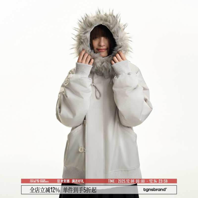 TGNS浅色大毛领ma1派克服女冬季座山雕工装棉服情侣棉衣厚外套男