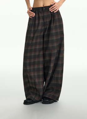 TGNS复古磨毛格子裤女生秋季格纹休闲长裤男生垂感慵懒风阔腿裤子
